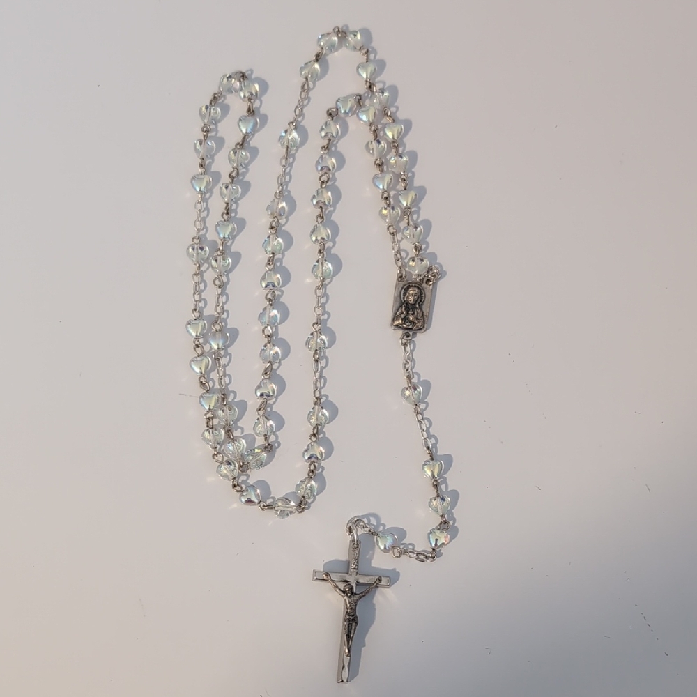 Silver Rosary Necklace with Heart Shaped Beads